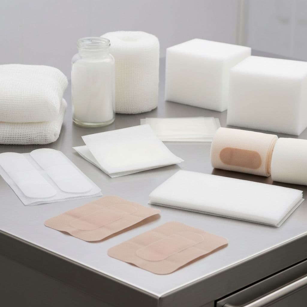 Various types of wound dressings and medical bandages arranged on a clean surface